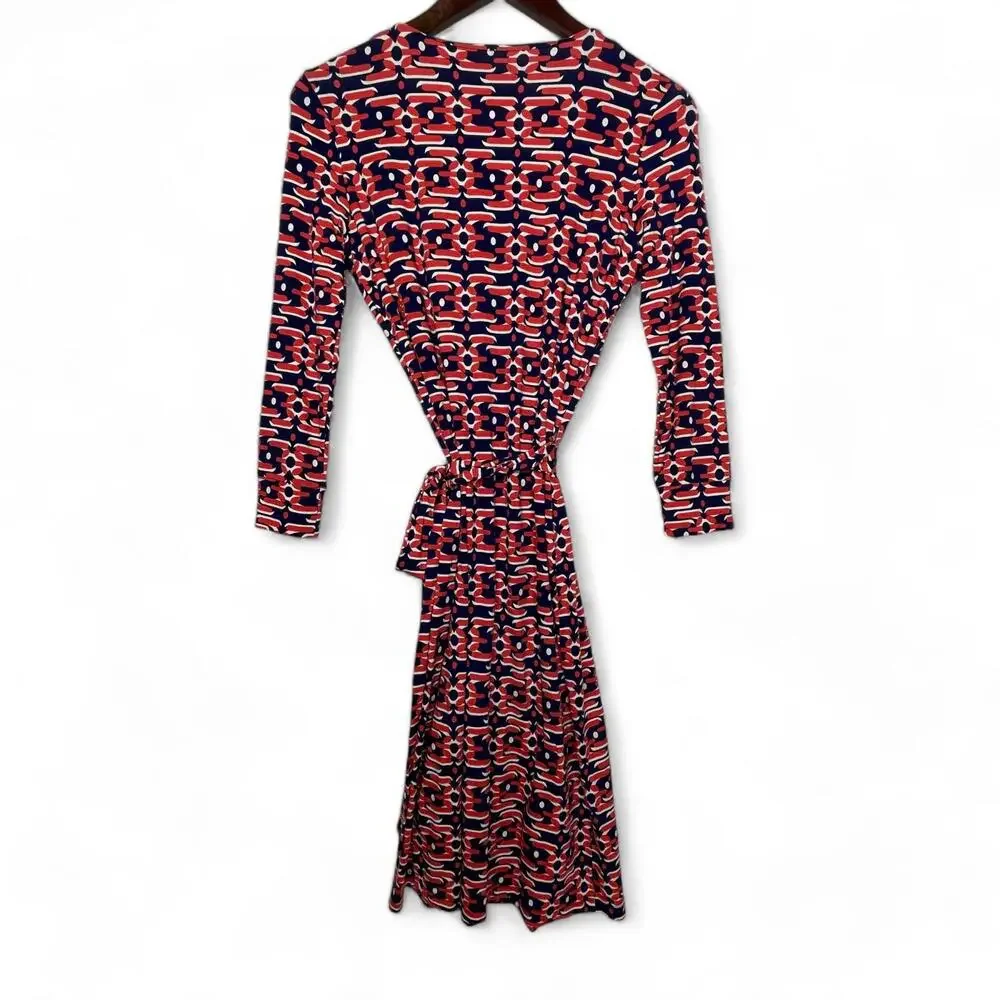 Felicity & Coco Wrap Dress Art Deco Print - Size XS Coral Red & Navy Long Sleeve